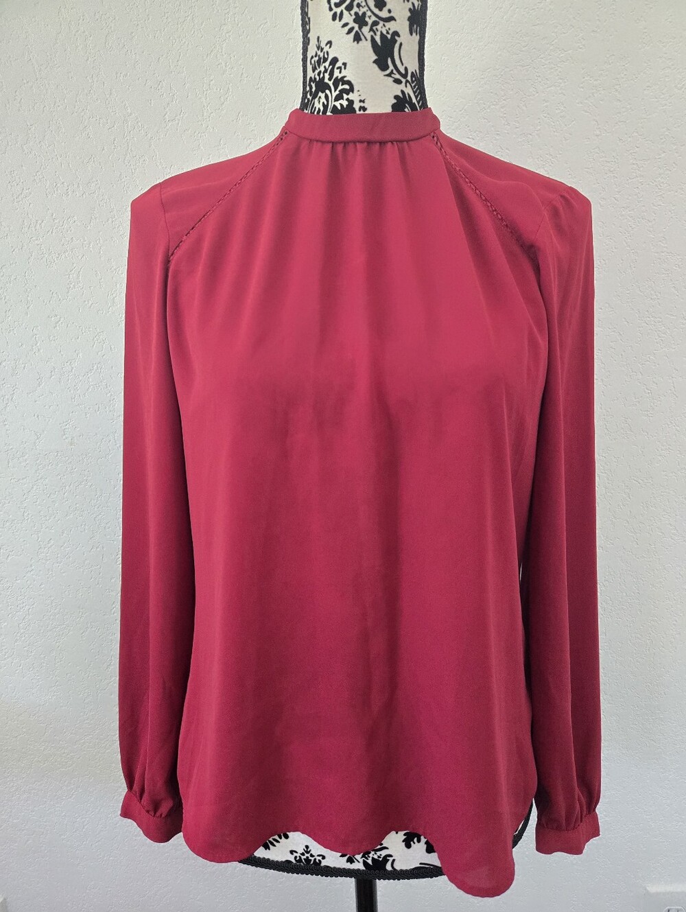 Express Long-Sleeve High-Neck Blouse — Berry Red